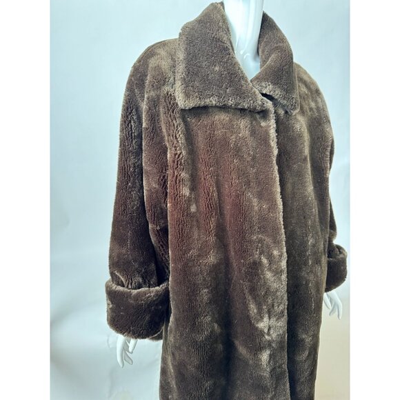 Vintage Faux Fur Brown Coat With Polyester Lining Folded Cuffs & Collar Size Lar - Picture 16 of 16